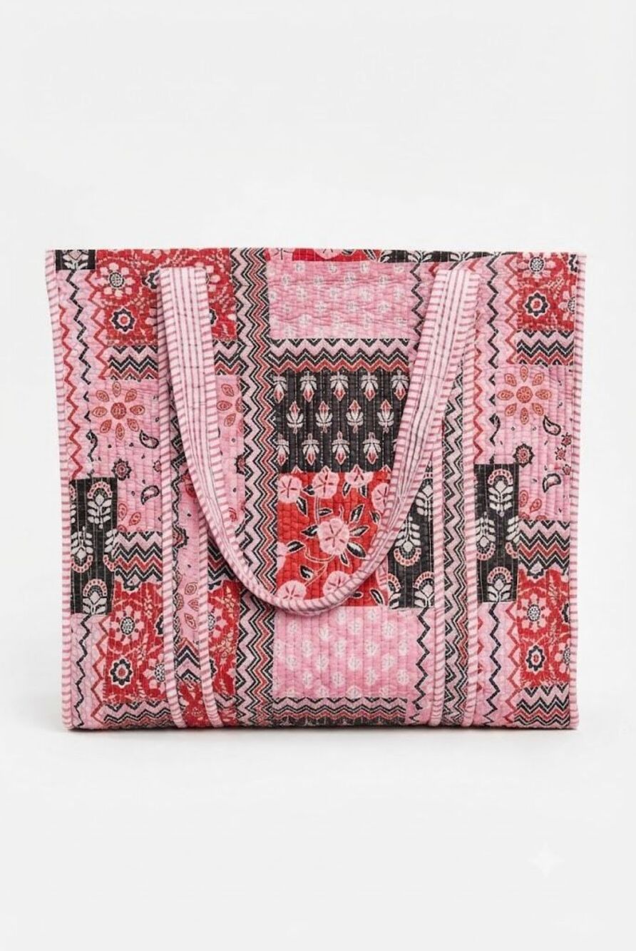 #277. POL Pink Kantha Quilted Patchwork Artisan Boho Tote Bag
